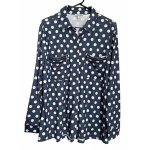 NEW Sabrina Lauren Women's Blouse Large Button Down Denim Blue White Polka Dot